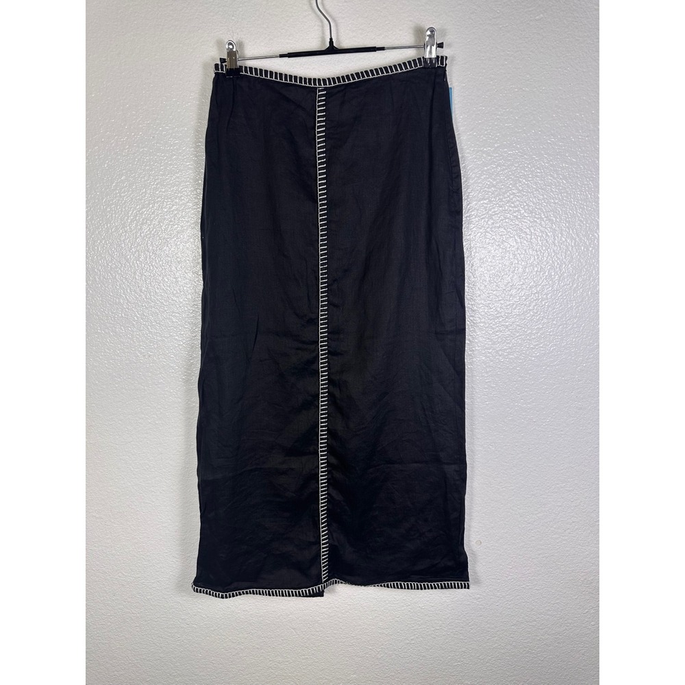 Magaschoni Black 100% Linen Midi Skirt White Contrast Stitching Size 8 NWT
